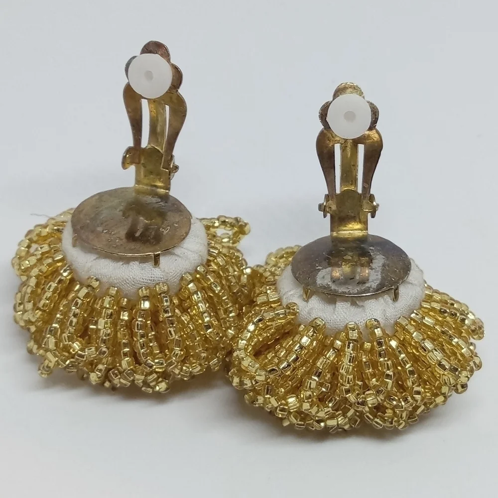 * vintage gold tone glass seed beads flower puff dramatic clip on earrings